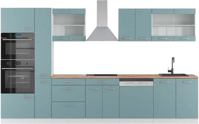 Vicco R-Line Küchenzeile Blau-Grau/Weiß mit Hochschrank in Eiche, Breite: 350 cm - Bild 1