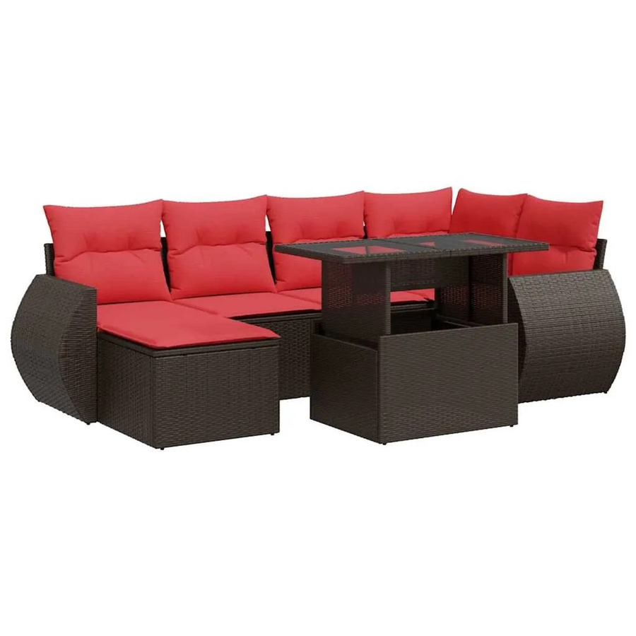 vidaXL 7-teilige Garten-Sofagarnitur aus Poly Rattan und Akazie in Braun mit Kissen - Bild 1