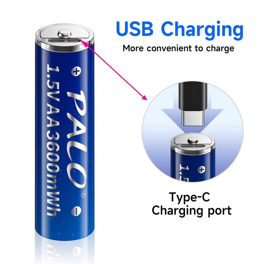PALO USB-C wiederaufladbare Lithium-Ionen-Batterien AA 3600mWh und AAA 1110mWh in Blau inklusive Typ-C Kabel - Bild 3