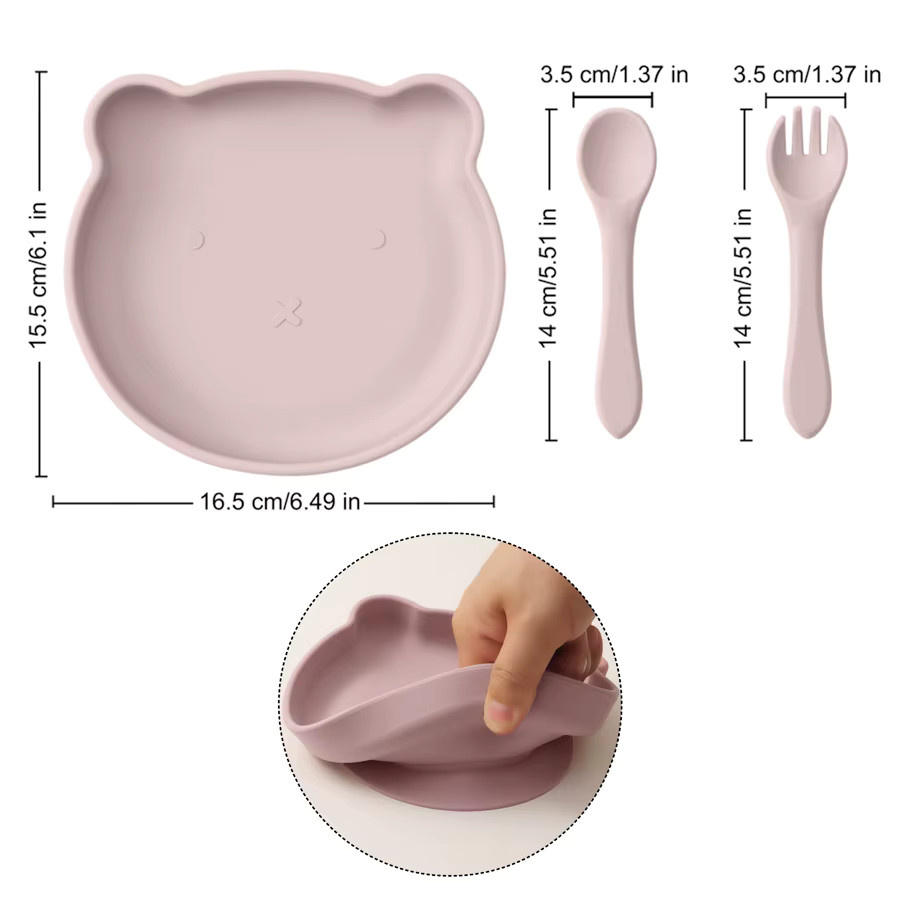 Mamaplan Silikon Kinder Geschirr Set mit Teller, Schüssel, Löffel und Gabel im Cartoon Bär Design, Farbe: Sand - Bild 2