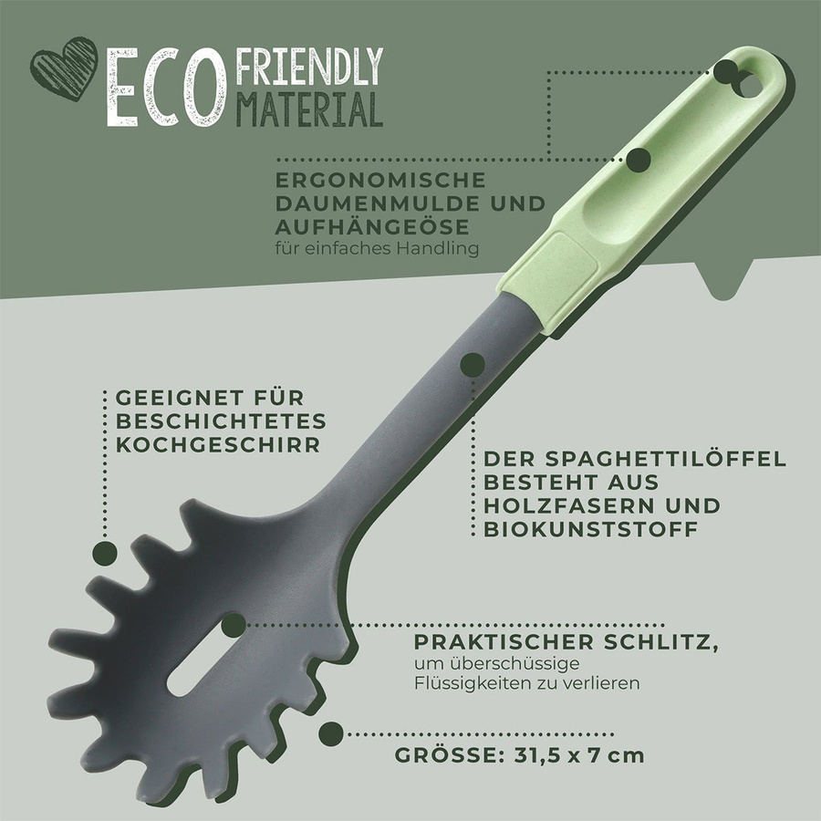 Fackelmann Ecolution Spaghettilöffel in Grau und Grün, hitzebeständig und spülmaschinenfest - Bild 2