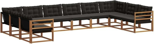 vidaXL Outdoor-Sofagarnitur 10-teilig in U-Form aus massivem Akazienholz mit Textilene und Kissen, Schwarz und Braun - Bild 1