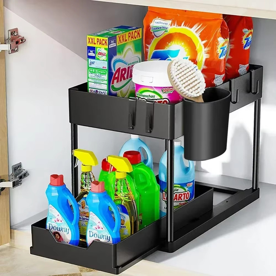 GENGSHENG 2-stufiger Organizer unter dem Waschbecken in Schwarz mit Haken und Aufbewahrungskorb für Badezimmer und Küche - Bild 2