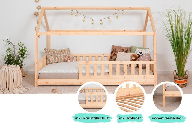 TiCAA Kinderbett Hausbett Kay aus massivem Kiefer in Natur, B/T: 90 x 200 cm - Bild 1