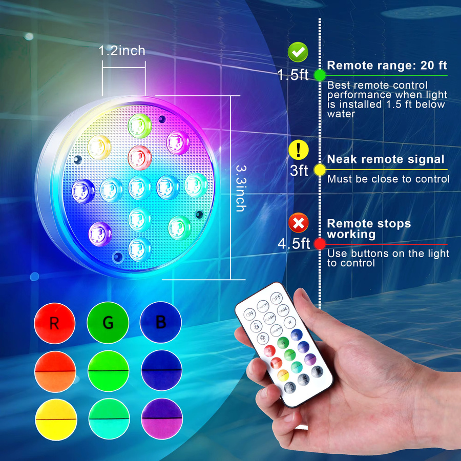 Wiederaufladbare LED Poolleuchten mit Fernbedienung, wasserdichte Unterwasser-LED-Beleuchtung mit 16 Farben und schwebendem Magnetlicht - Bild 3