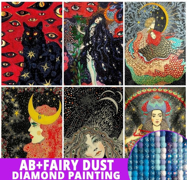 AB Fairy Dust Cat Coven Diamond Painting Set mit Psychedelic Girl Motiv, 5D DIY Stickerei in Vollbohrer, Hippie Wall Art Dekoration, Multicolor - Bild 1
