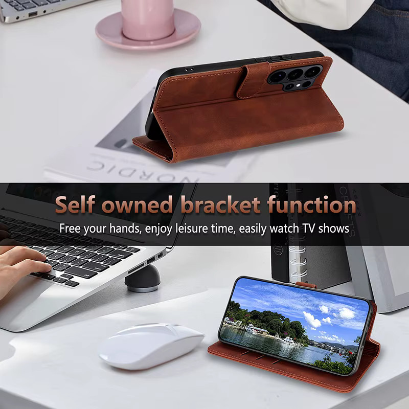 Stoßfeste Ledertasche für Samsung Galaxy S26 Ultra, S25 Edge, S24, S23 FE und S22 Plus mit faltbarem Kartenetui-Halter in Braun - Bild 2