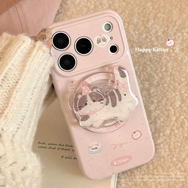 Potdemiel Handyhülle mit rosa gepunktetem Cartoon-Kätzchen Design für iPhone 17 16 15 14 13 12 Pro Max, magnetische stoßfeste Schutzhülle in Pink - Bild 1