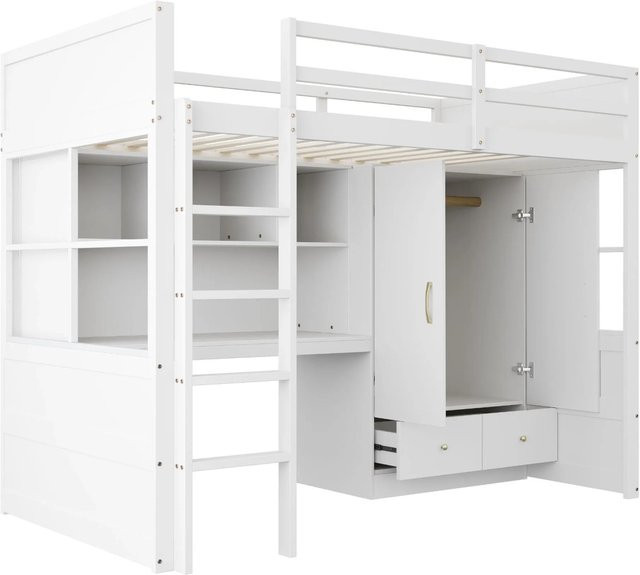 Merax Hochbett mit Schreibtisch und Schrank in Weiß, B/T/H: 90 x 200 x 174 cm - Bild 1