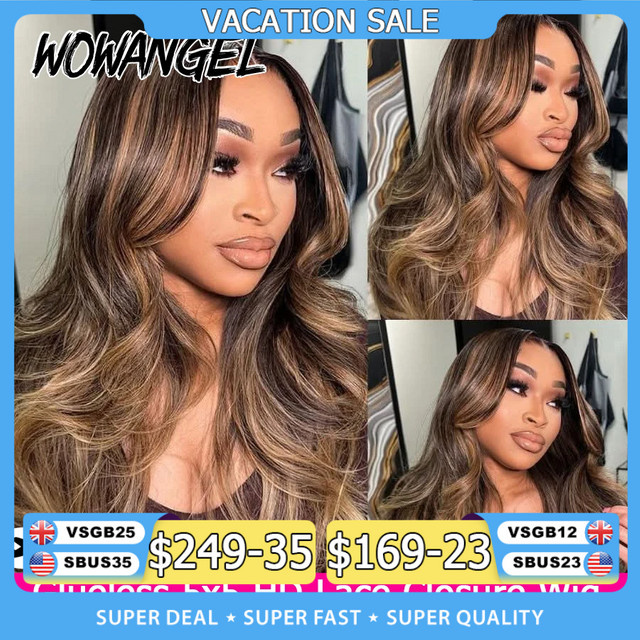 WOWANGEL Perücke, Honigblonde Balayage, gewelltes brasilianisches Echthaar, 5x5 HD-Spitze - Bild 1