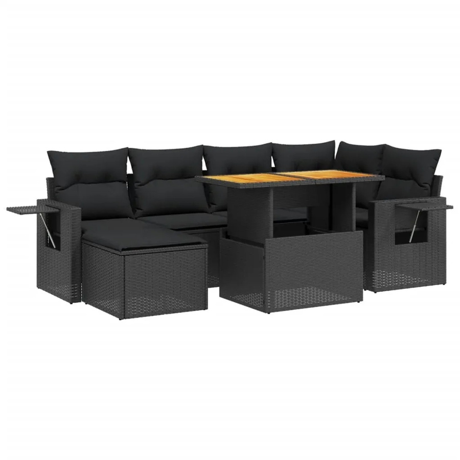 vidaXL 7-teilige Garten-Sofagarnitur aus Poly-Rattan und Akazienholz in Schwarz mit Kissen - Bild 2