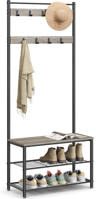VASAGLE Garderobenständer mit Sitzbank und Schuhregal im Vintage-Stil, Braun-Schwarz, B/T/H: 70 x 32 x 177 cm - Bild 1