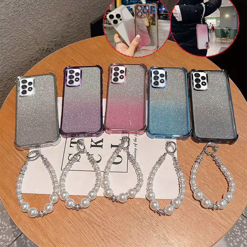 Luxuriöse Samsung Galaxy A52 5G / A52 4G Handyhülle aus stoßfestem TPU mit Gradient Glitter Design und Perlenketten-Handschlaufenband in Pink - Bild 2