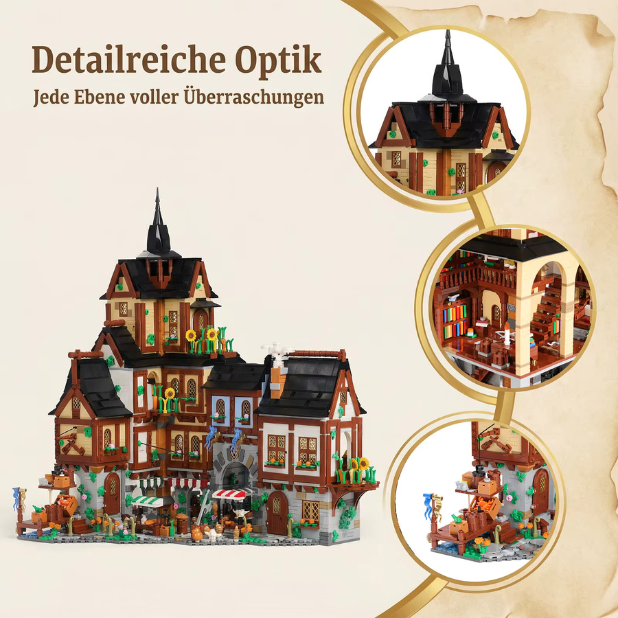 Barweer Mittelalterliche Stadt Modulares Gebäude Klemmbausteine Set mit 3857 Teilen, Europäisches Fachwerk Modellbausatz in Mehrfarbig für Erwachsene - Bild 6