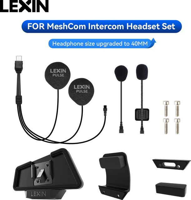LEXIN MeshCom Intercom Bluetooth Headset mit 40mm Lautsprechern und Clip-Set für Voll- und Halbhelme in Schwarz mit Geräuschunterdrückung - Bild 1