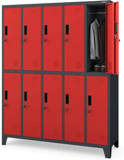 DELUKE Umkleideschrank Spind BARTEK 10 Abteile aus Metall in Anthrazit-Rot, H: 172 cm, B: 136 cm, T: 45 cm - Bild 1