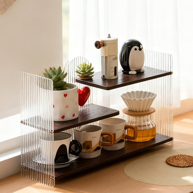 3-stufiger Schreibtisch-Organizer aus Acryl und Bambus in Transparent und Braun mit mehreren Fächern - Bild 1