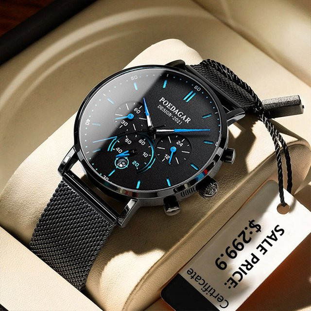 POEDAGAR Chronograph Armbanduhr Edelstahl, Quarz, Schwarz, Herren - Bild 1