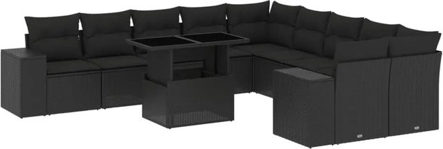 vidaXL 11-tlg. Garten-Sofagarnitur in U-Form aus schwarzem Poly-Rattan mit Kissen und pulverbeschichtetem Stahlrahmen - Bild 1