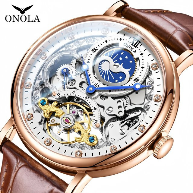 ONOLA Armbanduhr Automatik, Dual Time Zone, Leder, Herren - Bild 1