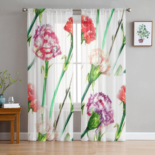 Super Six Transparente Tüll-Vorhänge mit Aquarell-Blumenmuster in Weiß, Breite: 135 cm, Höhe: 114 cm - Bild 1