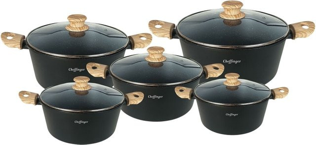 Cheffinger 10-teiliges Kochset mit Antihaft-Marmorbeschichtung und Glasdeckeln in Schwarz, Induktion geeignet - Bild 1