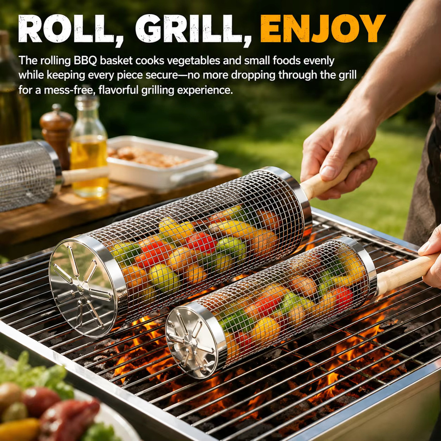 PGY Edelstahl-Grillkorb-Set mit Holzgriff in Silber für BBQ und Camping - Bild 3