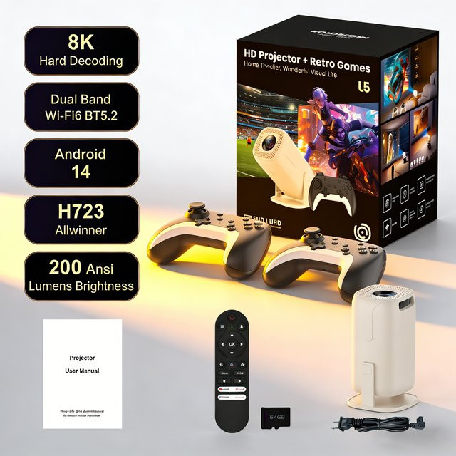 Salange U5 Gaming-Projektor mit Android 14, kabellosem Gaming-Controller, Bluetooth und Sprachfernbedienung, Weiß - Bild 1