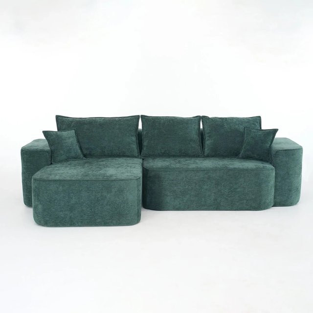 PXloue 4-Sitzer-Sofa in L-Form aus grünem Chenille mit Chaiselongue, Kissen und Seitentaschen, B/T/H: 262 x 144 x 65 cm - Bild 1