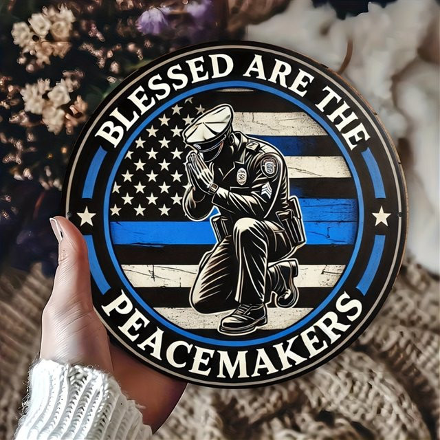 Runde Wandkunst Blessed Are the Peacekeepers von Potdemiel im Vintage-Stil, blau und mehrfarbig, Durchmesser: 20 cm - Bild 1
