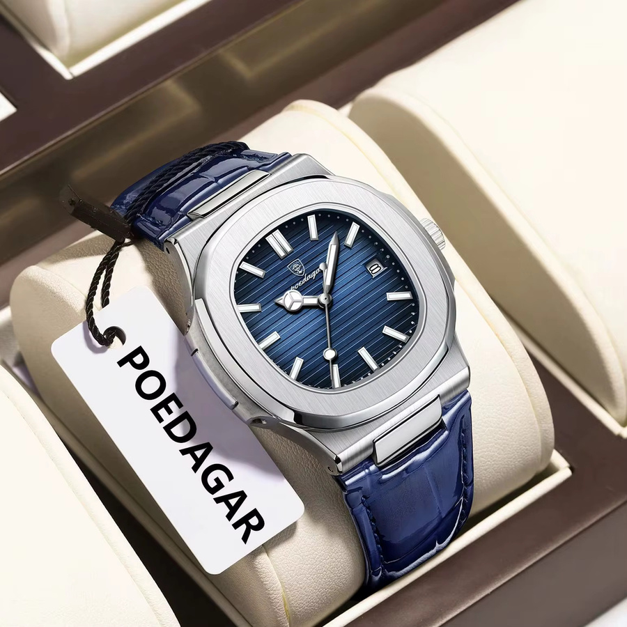 POEDAGAR Armbanduhr Quarz, Leder, Blau, Herren - Bild 2