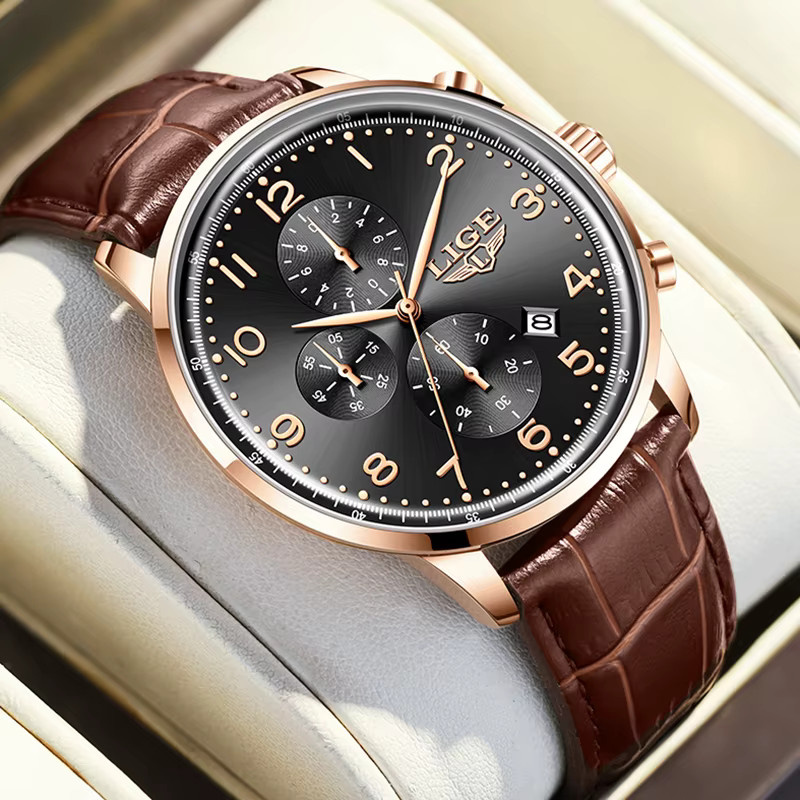 LIGE Chronograph, Quarz, Leder, Schwarz, Herren - Bild 6