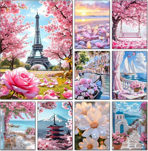 QIZITENG 5D DIY Diamant Malerei Kit Europäische Architektur Naturlandschaft Mosaik Kreuzstich Set Multicolor B/H: 30,0 x 30,0 cm - Bild 1