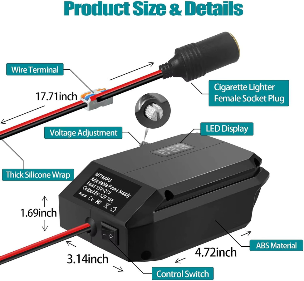 Power Wheel Adapter 18V auf 12V Step-Down-Konverter für Makita, Dewalt, Milwaukee und Bosch Akkus mit Zigarettenanzünder-Adapter in Schwarz - Bild 2