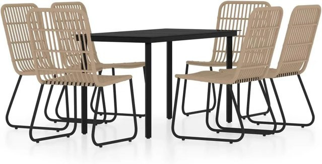 vidaXL 7-teilige Garten-Essgruppe in Eichen-Optik mit schwarzem PE-Rattan und Glastisch - Bild 1
