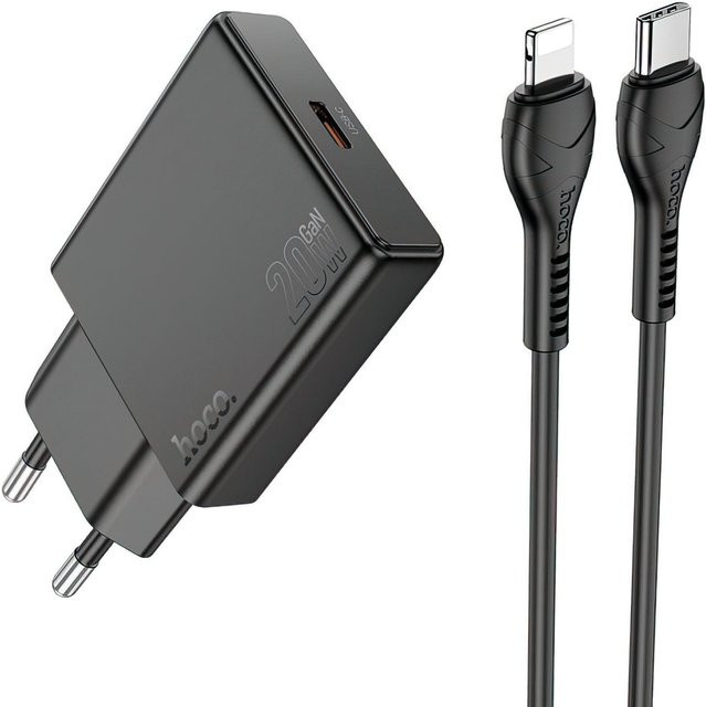 HOCO N37 Netzladegerät mit Lightning-Kabel und USB-C, 30W, 3A, Schwarz - Bild 1