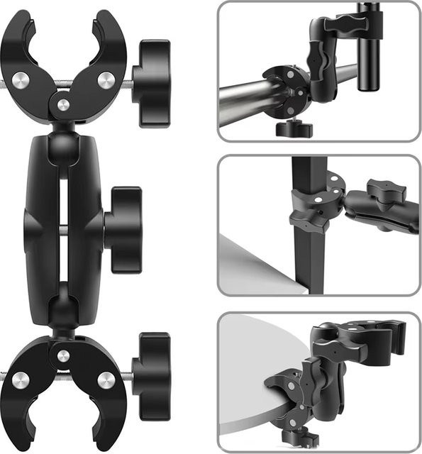 Doppel-Clip Krabbenzange Halterung für Motorrad und Fahrrad in Schwarz für GoPro und Insta 360X4 Action-Kameras sowie Selfie-Sticks und Einbeinstative - Bild 1