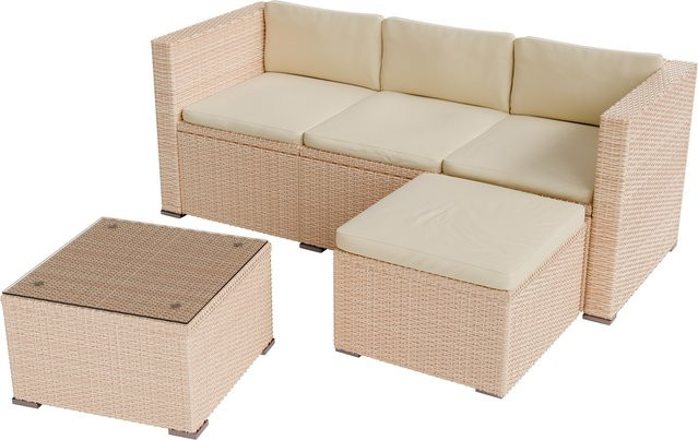 Juskys Polyrattan Gartenlounge Punta Cana in Sand/Beige für 3-4 Personen mit Sofa, Tisch und Hocker - Bild 1