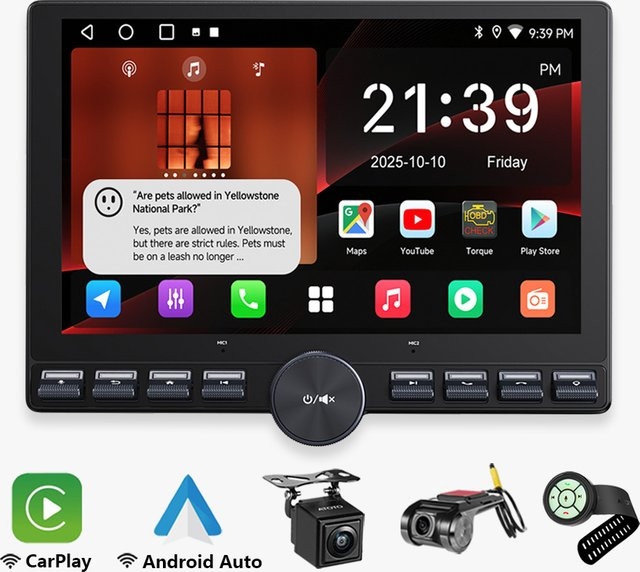 ATOTO Android Autoradio mit 10 Zoll ausziehbarem Bildschirm, CarPlay, Android Auto, Bluetooth und Kamera in Schwarz - Bild 1