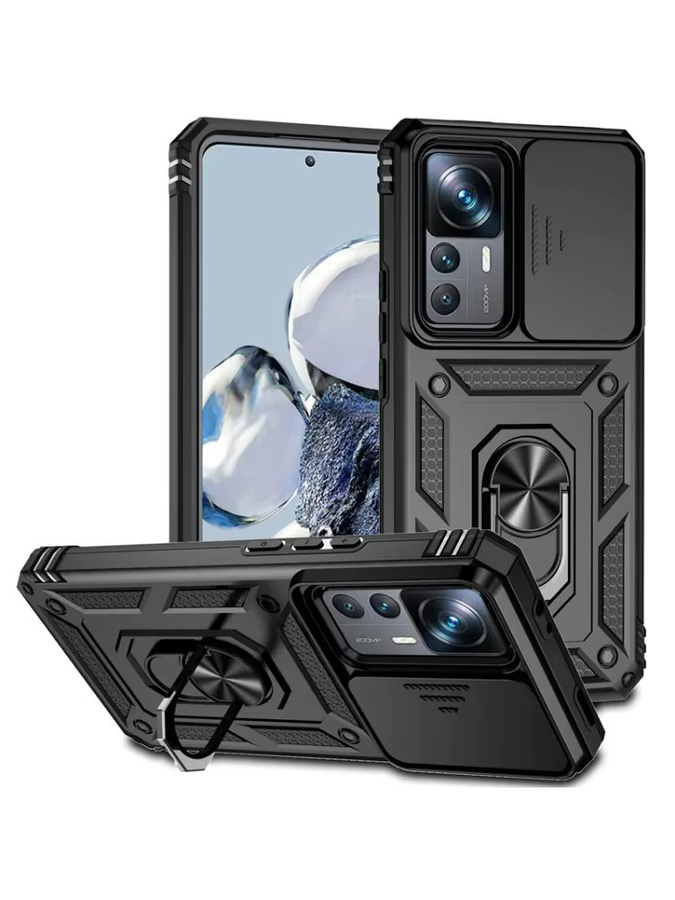 Stoßfeste Rüstung Schutzhülle für Xiaomi 12T Pro 5G mit Slide-Objektivschutz und Ringhalter in Schwarz und Rot - Bild 7