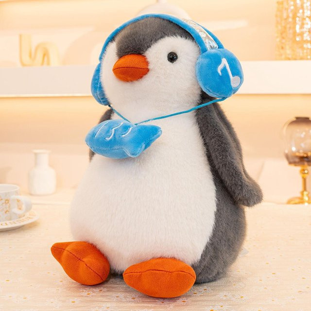 Neuer Pinguin Blauer Kopfhörer Puppe Plüschtier, 35cm - Bild 1