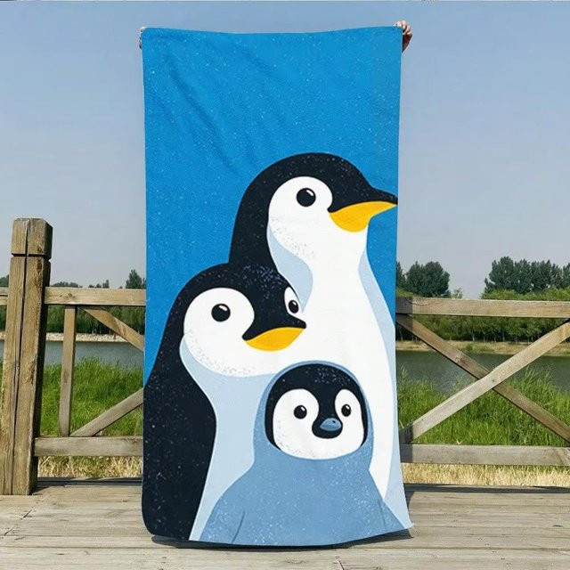 JMG Household Supplies Pinguin-Familie Strandtuch aus Mikrofaser in Blau, B/H: 70 x 140 cm - Bild 1