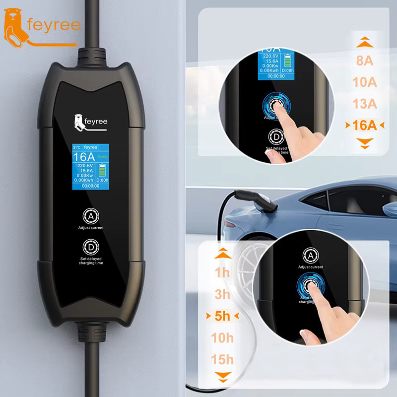 Feyree EV-Ladegerät Schwarz, tragbare Ladestation für Tesla-Fahrzeuge mit NACS-Ladestecker, 3,5 kW und 1,8-Zoll-LCD-Bildschirm mit Zeitverzögerungsfunktion - Bild 4