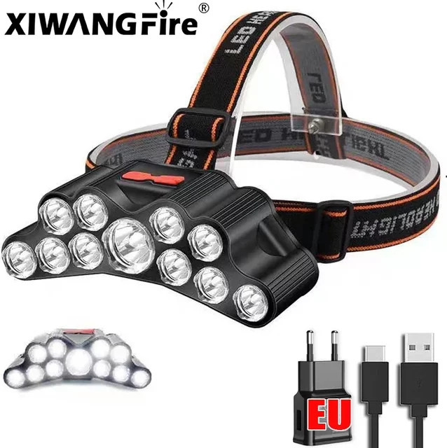 Heinast LED-Stirnlampe mit 11 LEDs, wiederaufladbarer USB-Scheinwerfer mit 18650-Akku, Schwarz - Bild 1