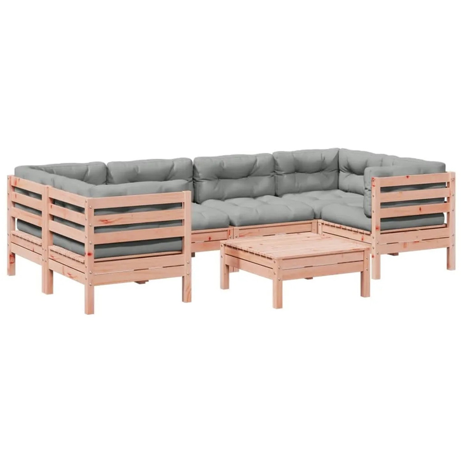 vidaXL 7-teilige Garten-Sofagarnitur aus Massivholz Douglasie in L-Form mit Kissen und Ottoman, Farben: Braun und Grau - Bild 2