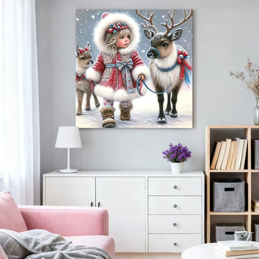 HUACAN 5D DIY Diamant Mosaik Set Mädchen Porträt im Winter mit Hirsch und Weihnachts-Motiv, Mehrfarbig, B/H: 20 x 20 cm - Bild 2