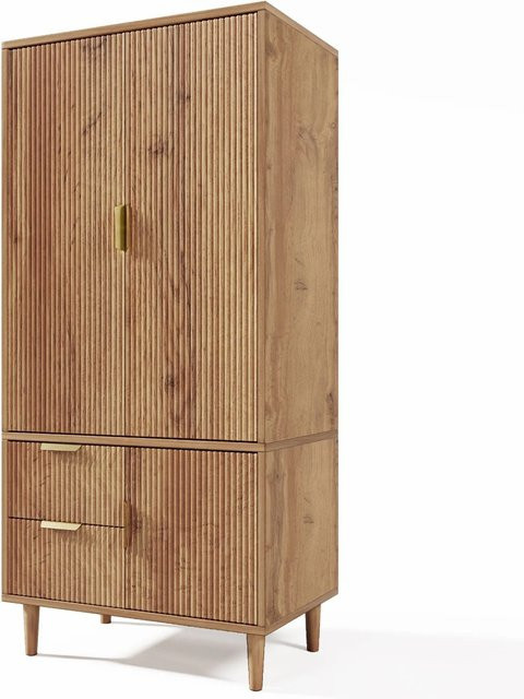Merax Kleiderschrank mit 3 Türen und integrierten Schubladen in Eiche Optik, B/T/H: 80 x 50 x 177 cm - Bild 1