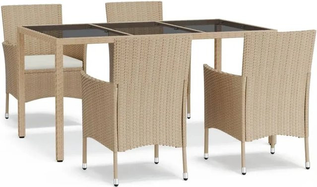 vidaXL 5-teilige Garten-Essgruppe aus Poly Rattan mit Kissen in Beige und Tisch mit Hartglas - Bild 1