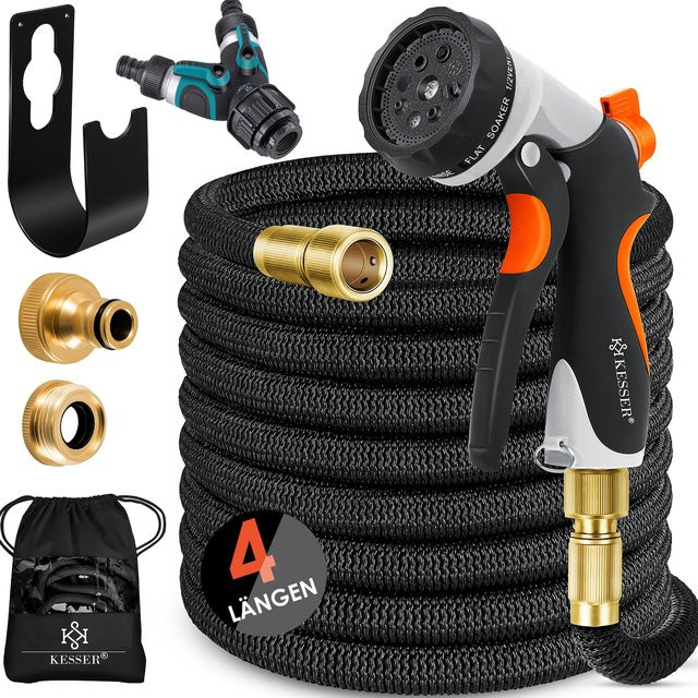 KESSER Premium Flexibler Gartenschlauch mit Messing-Anschlüssen, Druckregler und Spritzpistole mit 8 Strahl-Modi sowie Wandbefestigungszubehör - Bild 1