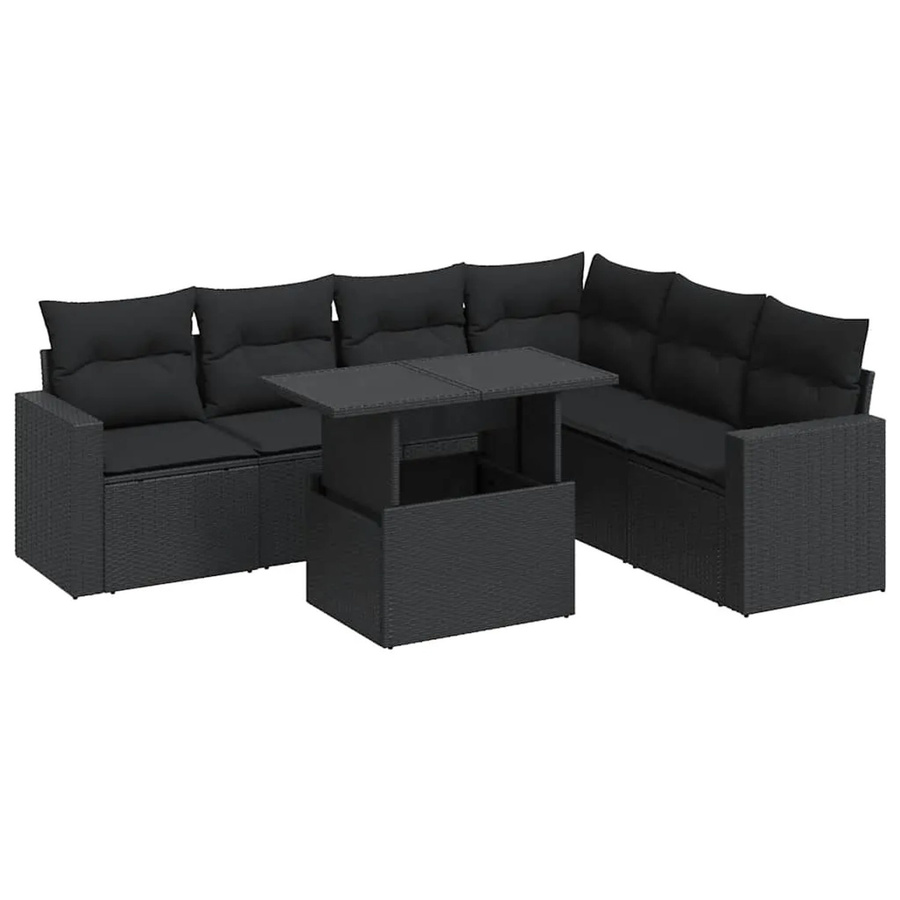 vidaXL 7-teilige Garten-Sofagarnitur in L-Form aus schwarzem Poly-Rattan mit Kissen und pulverbeschichtetem Stahlgestell - Bild 2